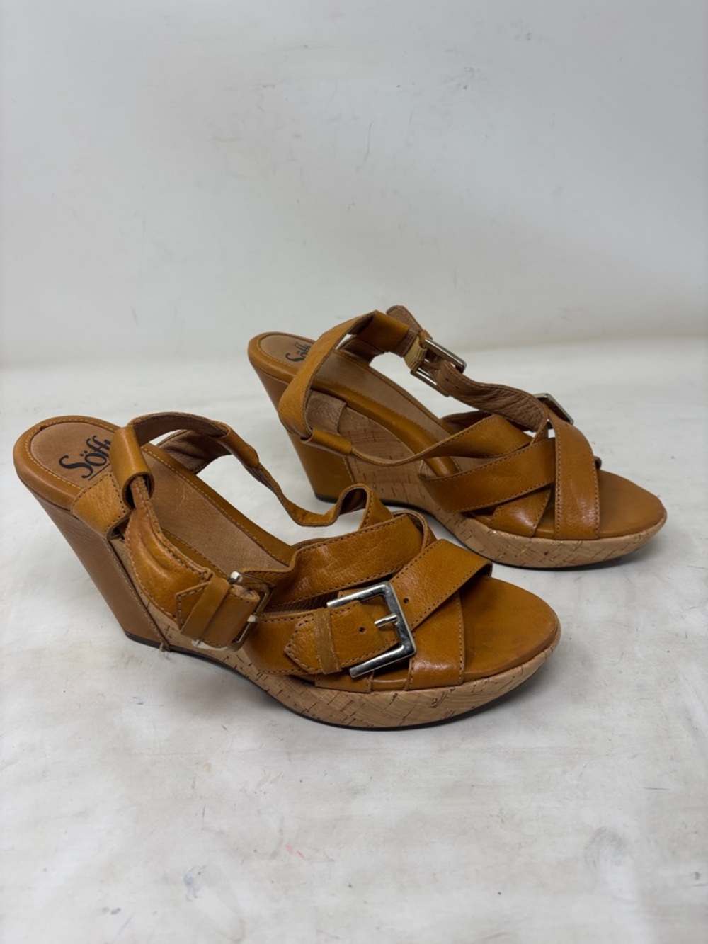 Sofft Cognac Leather Crisscross Wedge Sandals
